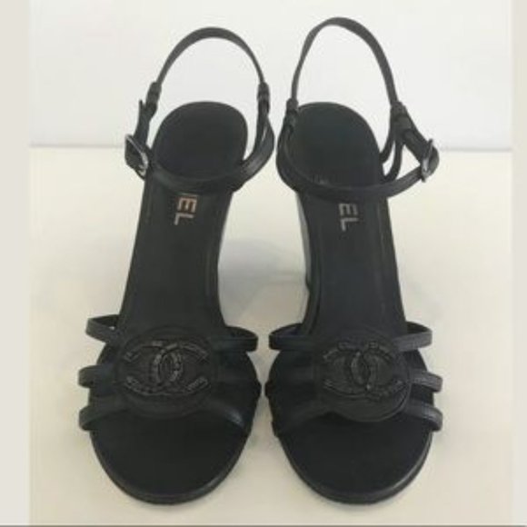 CHANEL BLACK LEATHER WEDGE SANDALS SIZE 8 - Picture 6 of 6